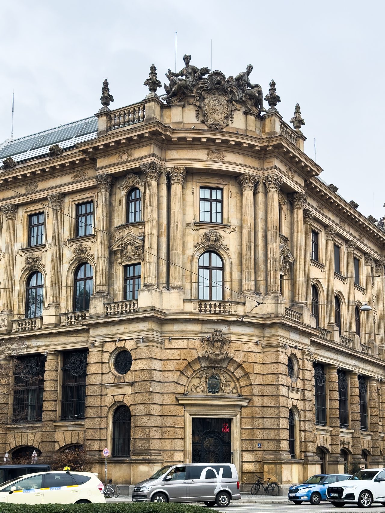 The ornate Baroque facade of the Justizpalast in Munich