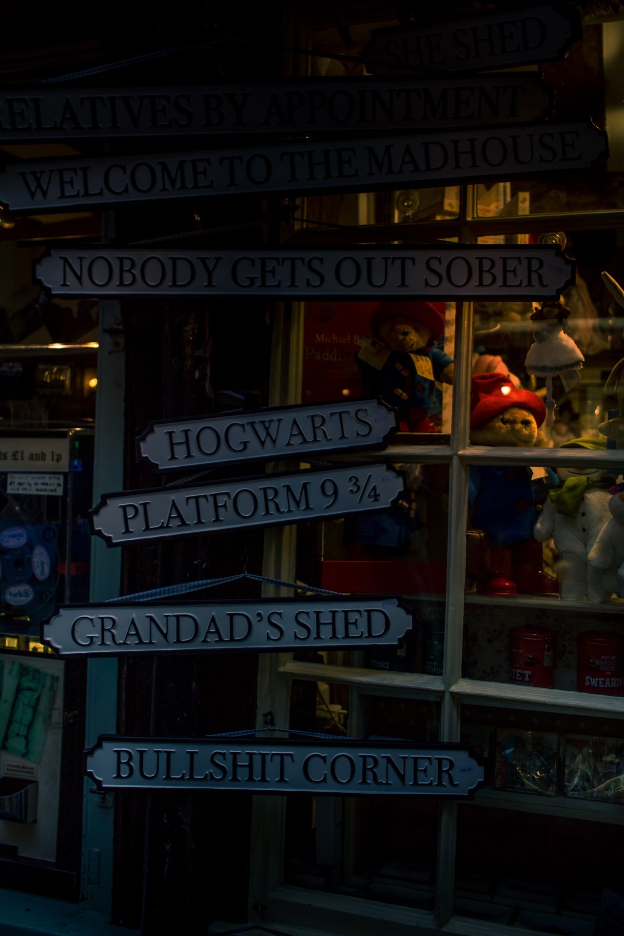 A cluster of novelty wooden direction signs in a shop window