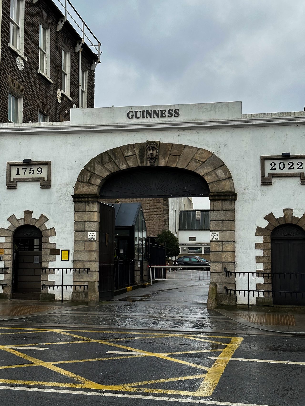 The white stone Guinness gate at the St James's Gate brewery
