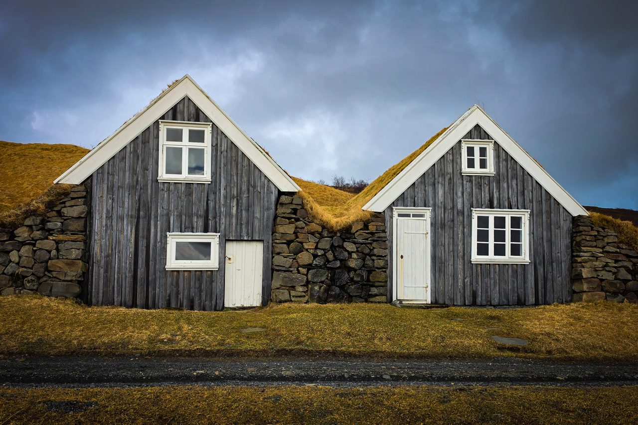 Traditional Icelandic turf houses with grass roofs