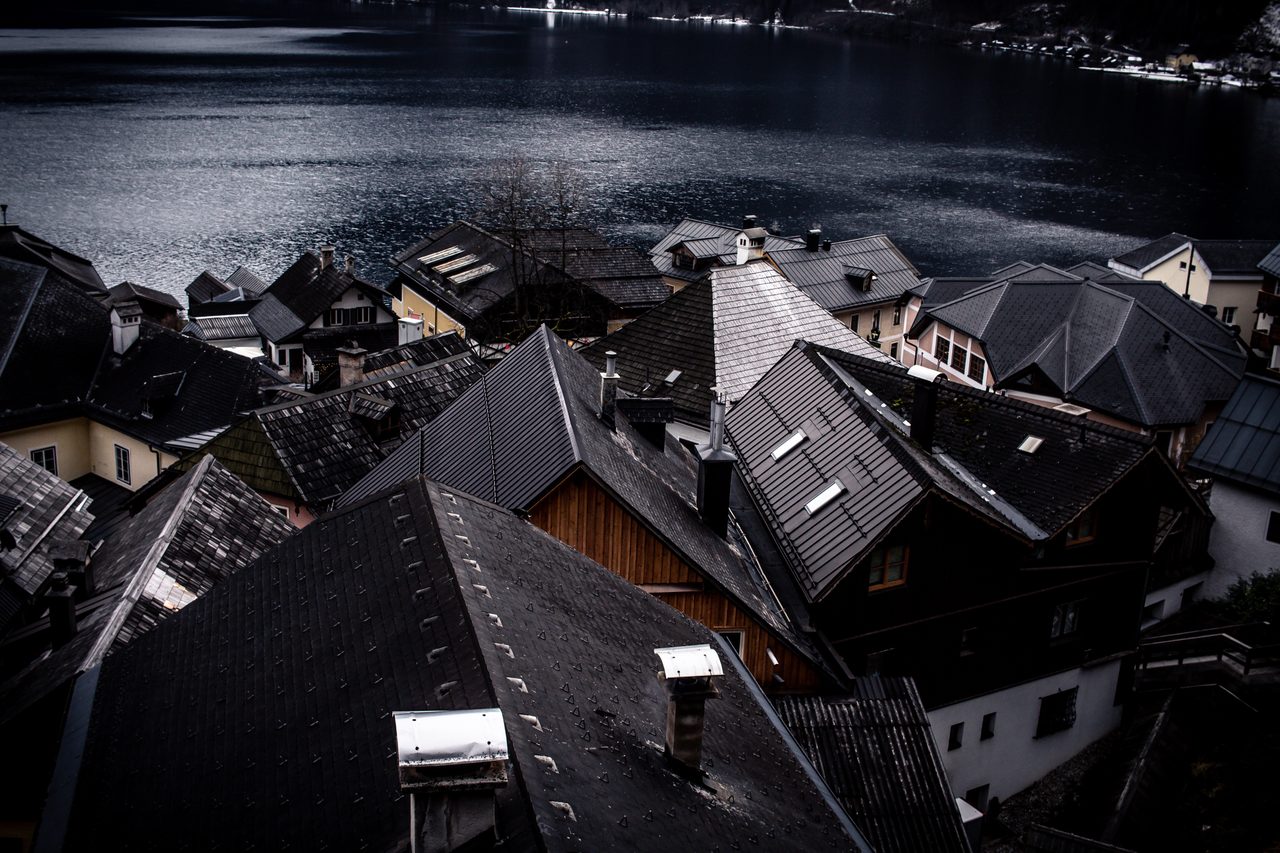 Clustered alpine rooftops above Lake Hallstatt