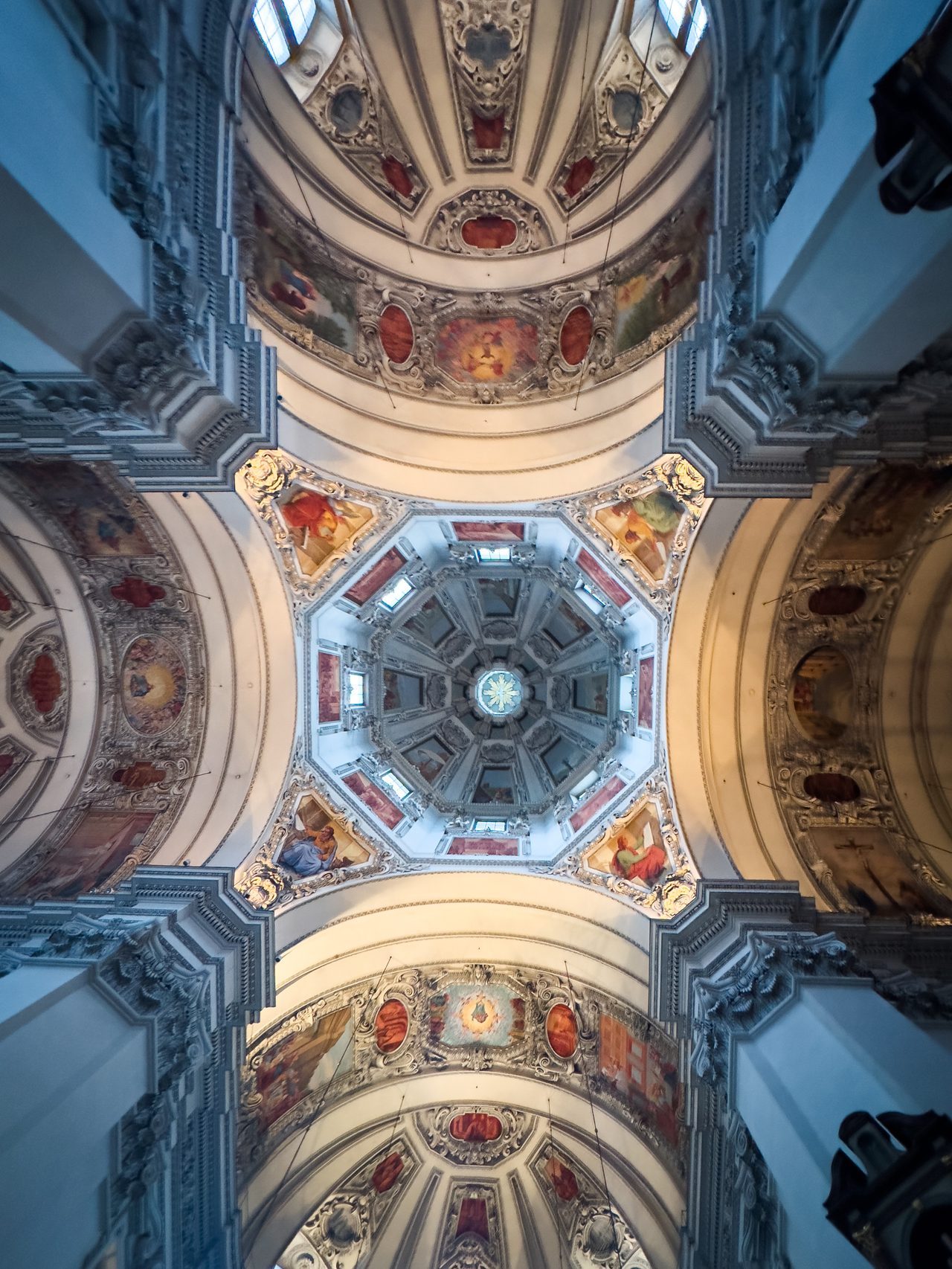 Looking up into the painted dome of Salzburg Cathedral